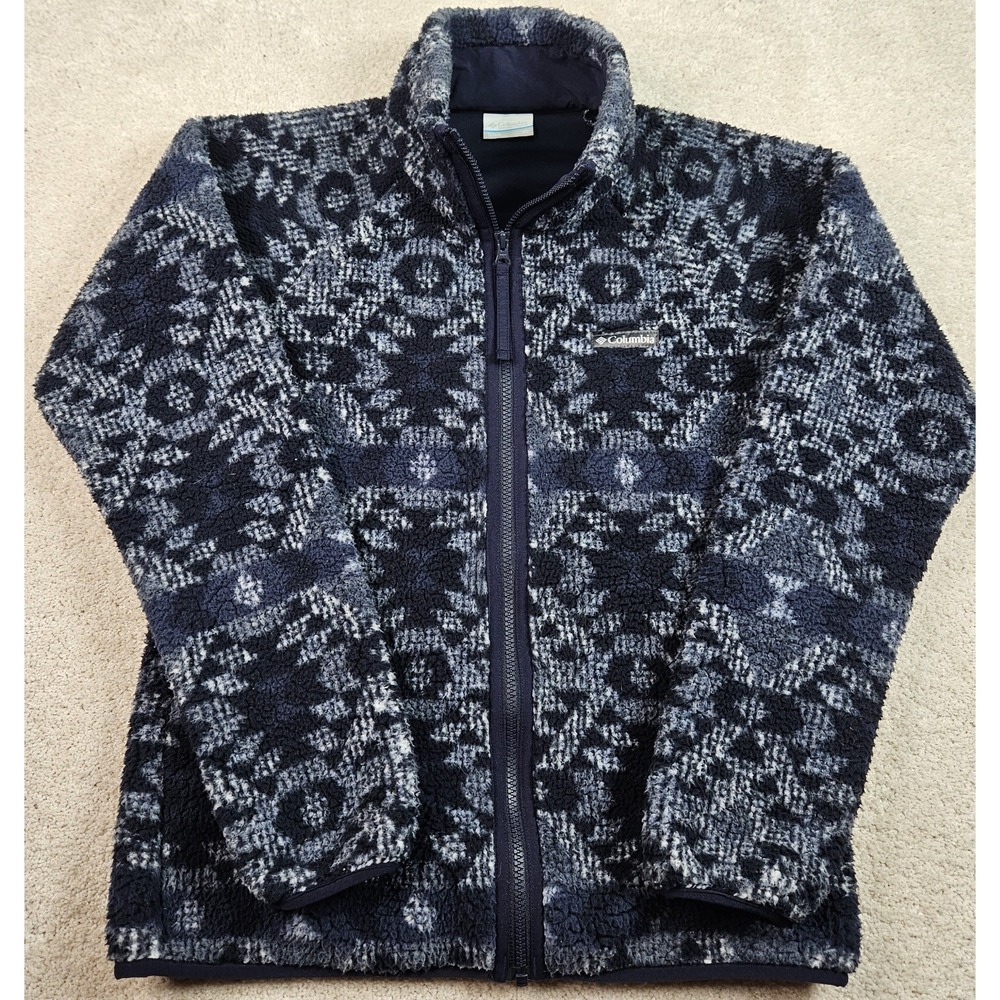 Retro Columbia XS Blue Benton Springs Sherpa Fleece Geometric Aztec Jacket Zip